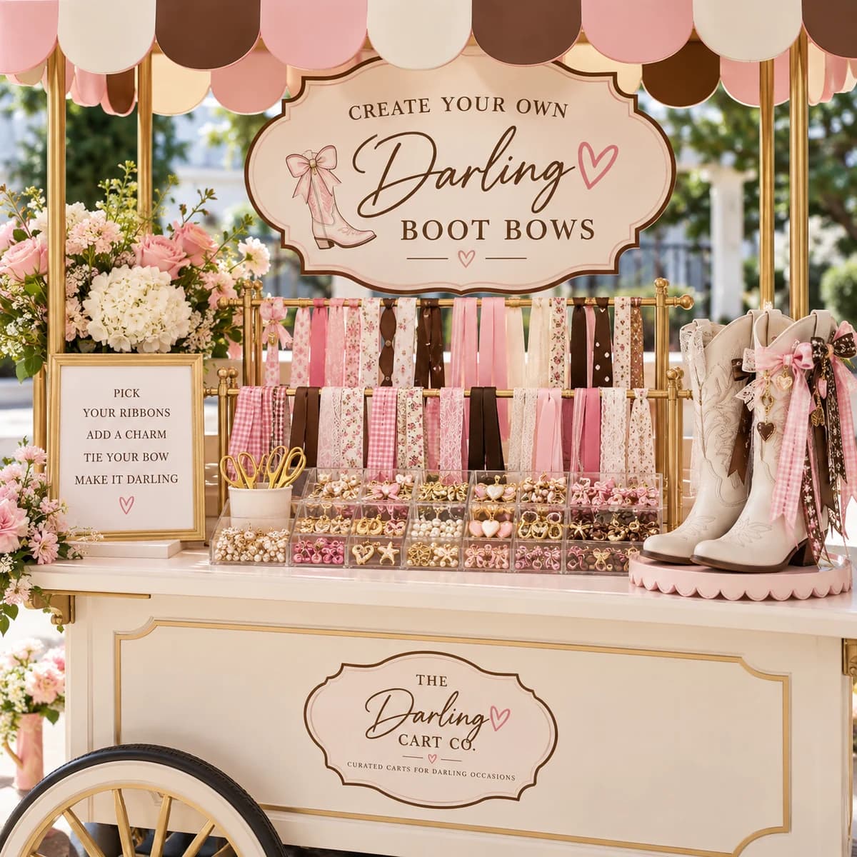 The Darling Boot Bow Cart with pink, cream and brown ribbons on gold racks, trays of charms and white boots styled with bows