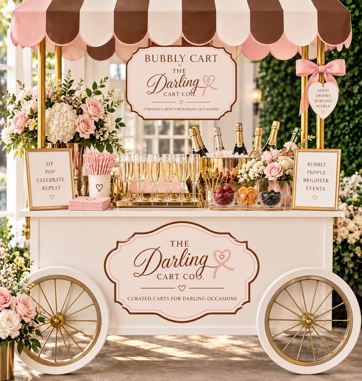 The Darling BYOB Bubbly Cart with a tower of flutes, chilled bottles, fruit garnish and blush florals