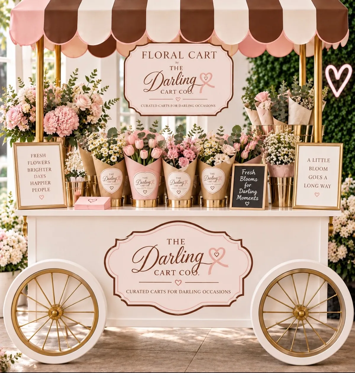 The Darling Floral Cart with wrapped bouquets of tulips, roses and greenery in gold buckets