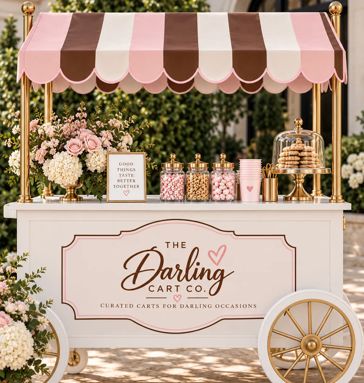 The Darling Treat Cart styled with candy jars, cookies and blush florals under its striped scalloped awning