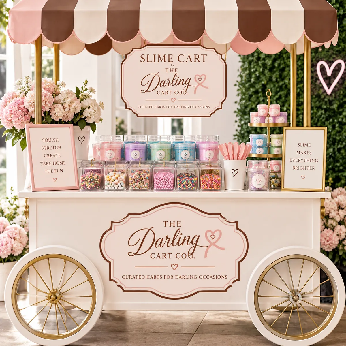 The Darling Slime Cart with rows of pastel slime jars, charms and mix-ins