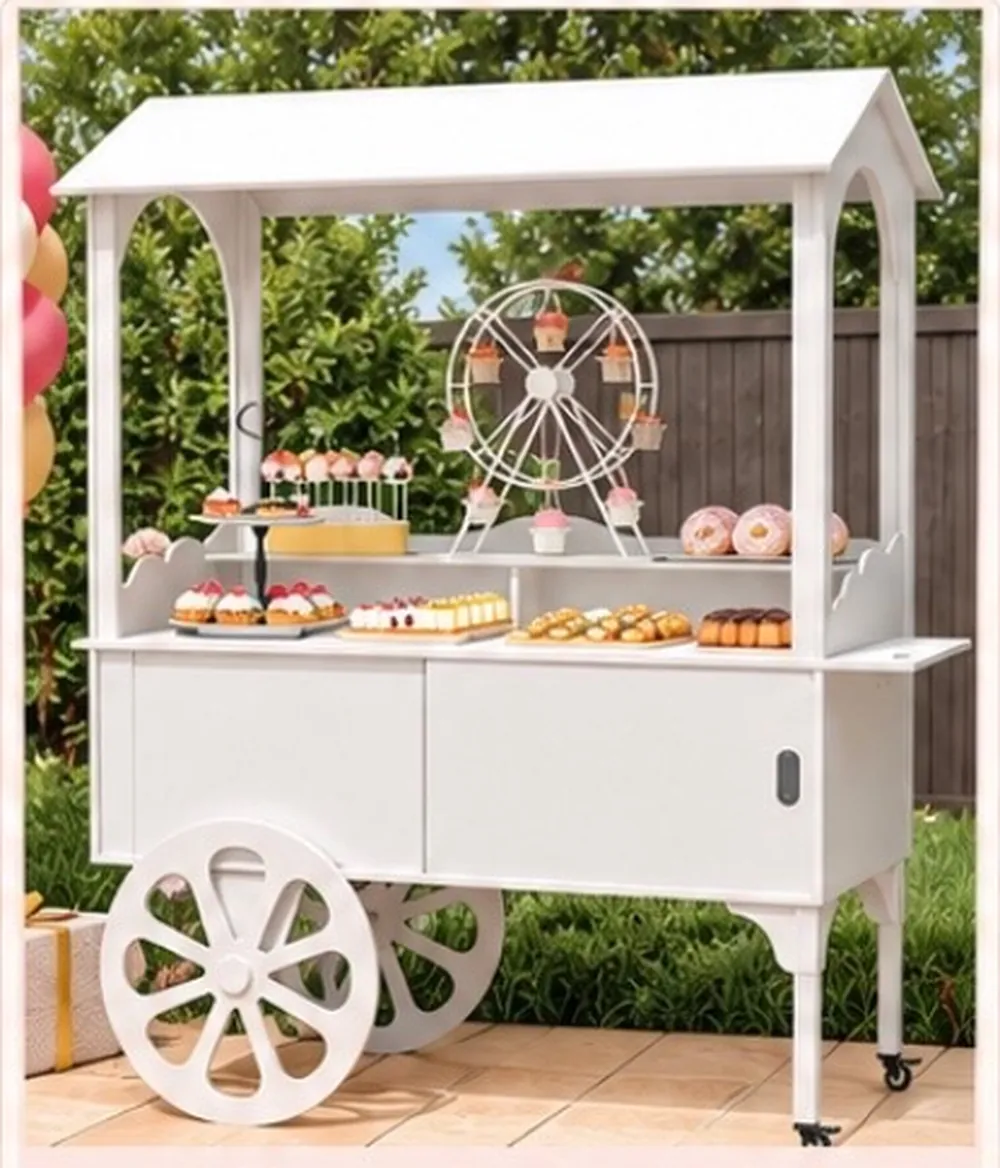 Classic white cart with a peaked roof and display shelf