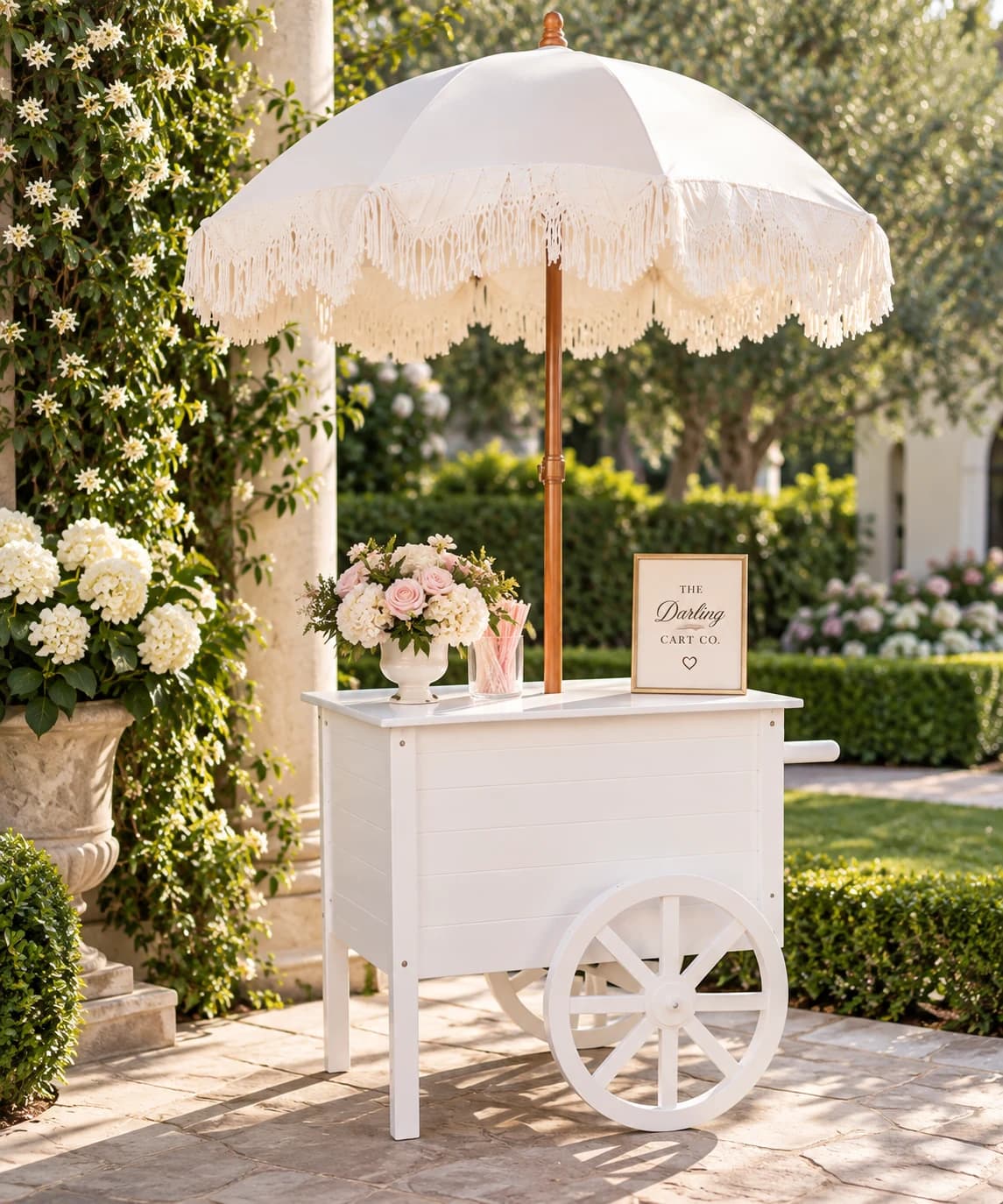 Petite white cart with a cream fringed umbrella, flowers and framed sign in a garden